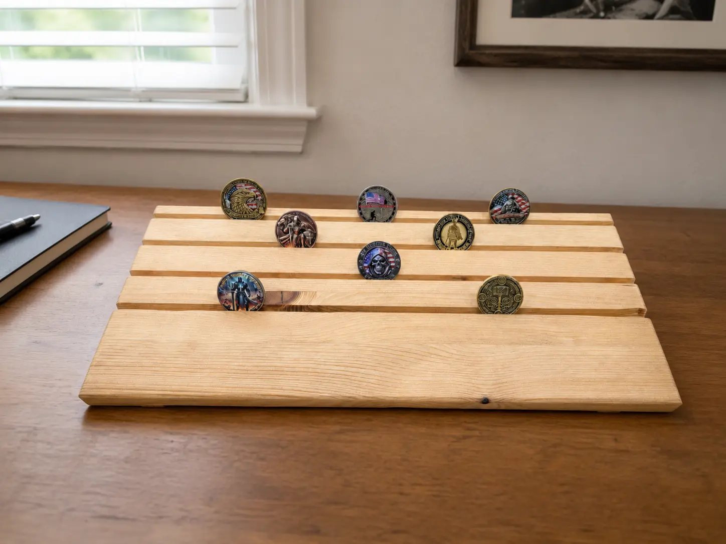 Challenge coin holder staged on a bright home-office desk