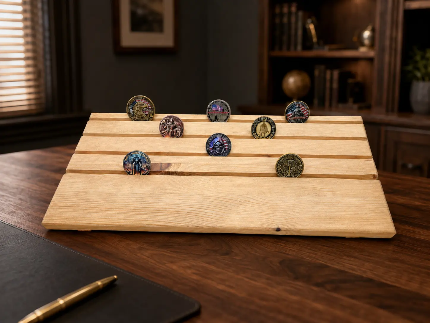 Challenge coin holder staged on a walnut desk in a dark executive office