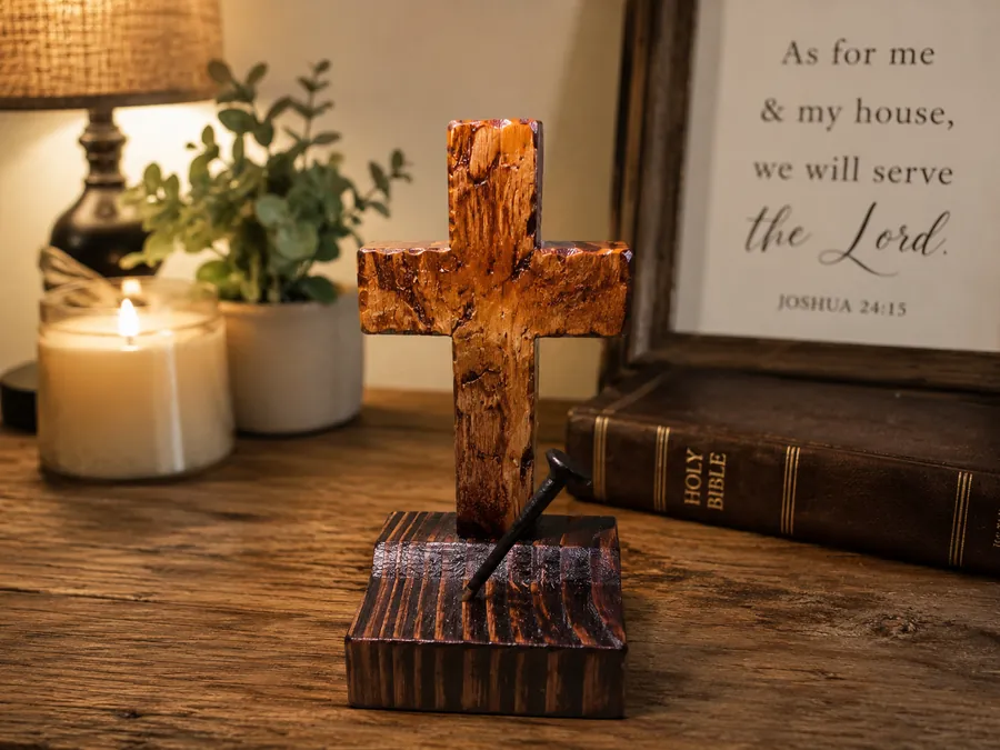 Handmade rustic wooden cross with nail detail